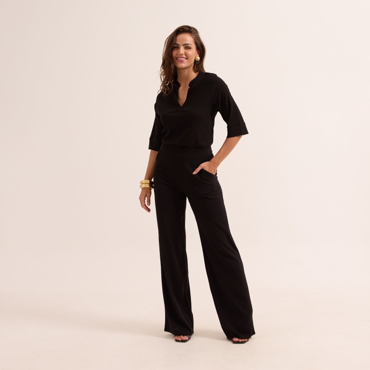 Calça Pantalona Viscose Slub com Elastano e Fechamento Lateral