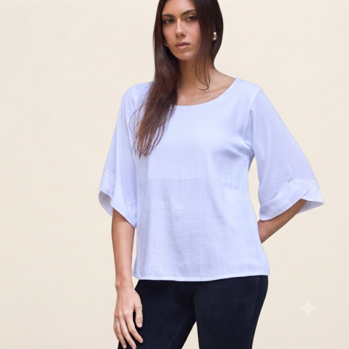 Blusa Decote Redondo e Manga 3/4 Slub com Elastano