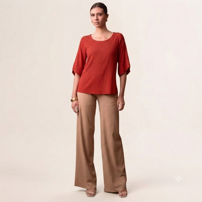 Blusa Decote Redondo e Manga 3/4 Slub com Elastano