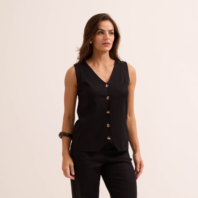 Colete Feminino Longo em Linho com Elastano