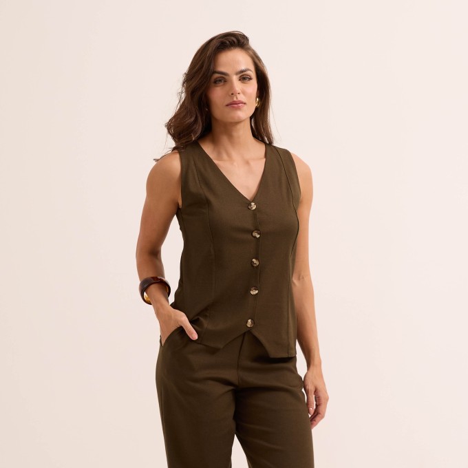 Colete Feminino Longo em Linho com Elastano