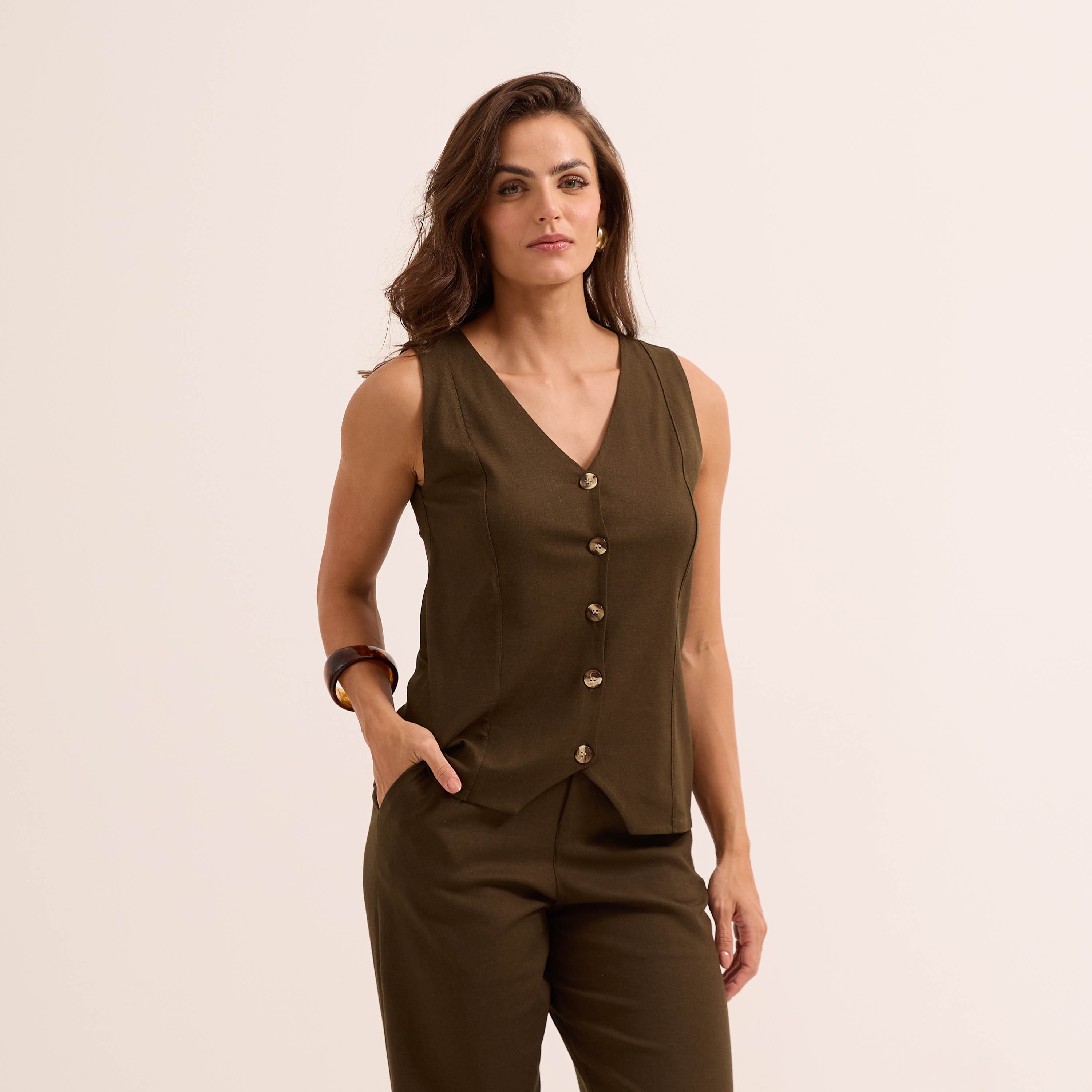 Colete Feminino Longo em Linho com Elastano