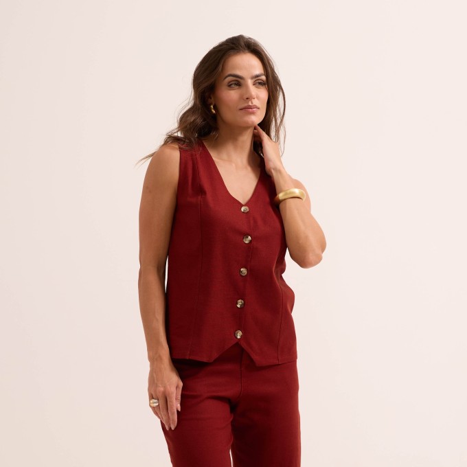 Colete Feminino Longo em Linho com Elastano