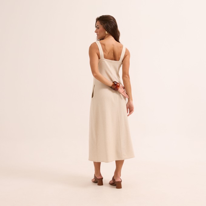 Vestido Midi em Linho com Elastano Decote V Alça Larga
