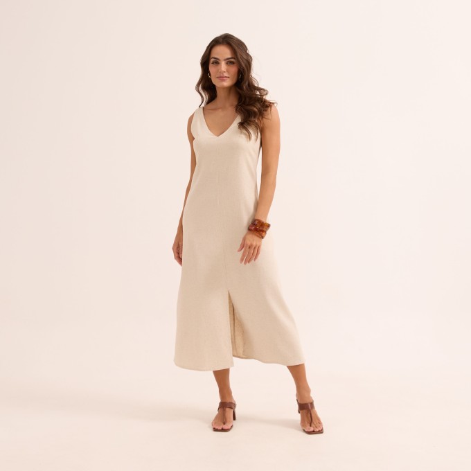 Vestido Midi em Linho com Elastano Decote V Alça Larga