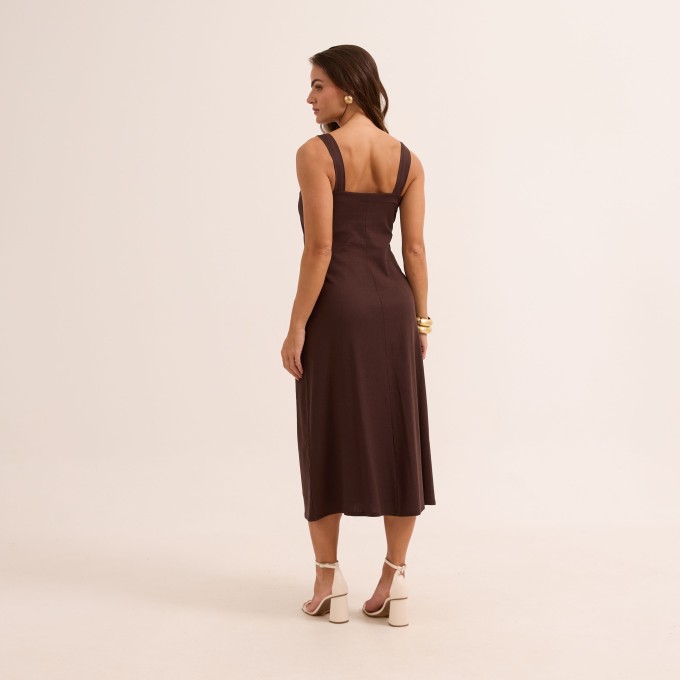 Vestido Midi em Linho com Elastano Decote V Alça Larga