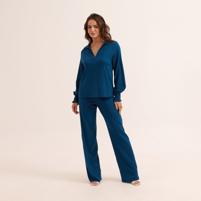 Conjunto em Slub com Elastano Calça e Blusa Manga Longa