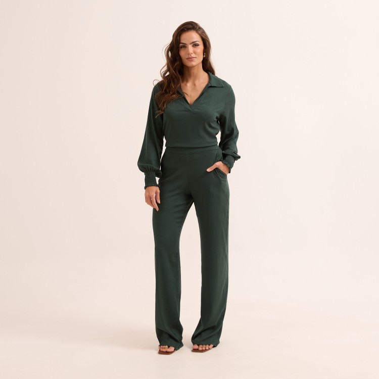 Conjunto em Slub com Elastano Calça e Blusa Manga Longa