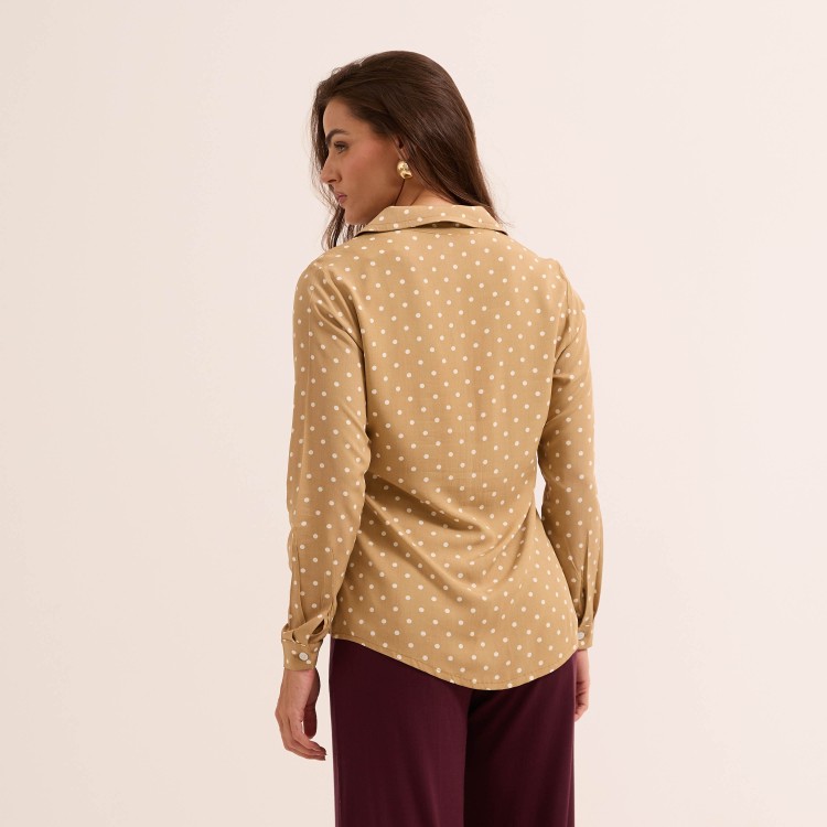 Blusa Chemise em Slub Estampado Manga Longa com Gola e Punhos