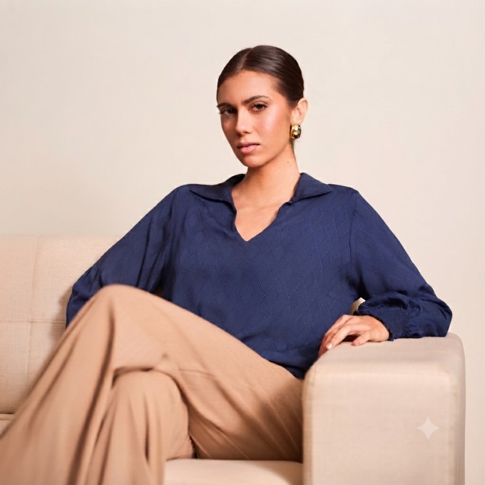 Blusa Decote V com Gola e Manga Longa com Lastex
